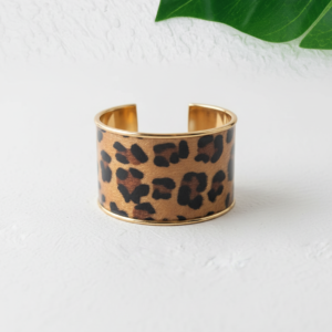 Leopard Print Statement Cuff Bracelet with Gold Trim.
